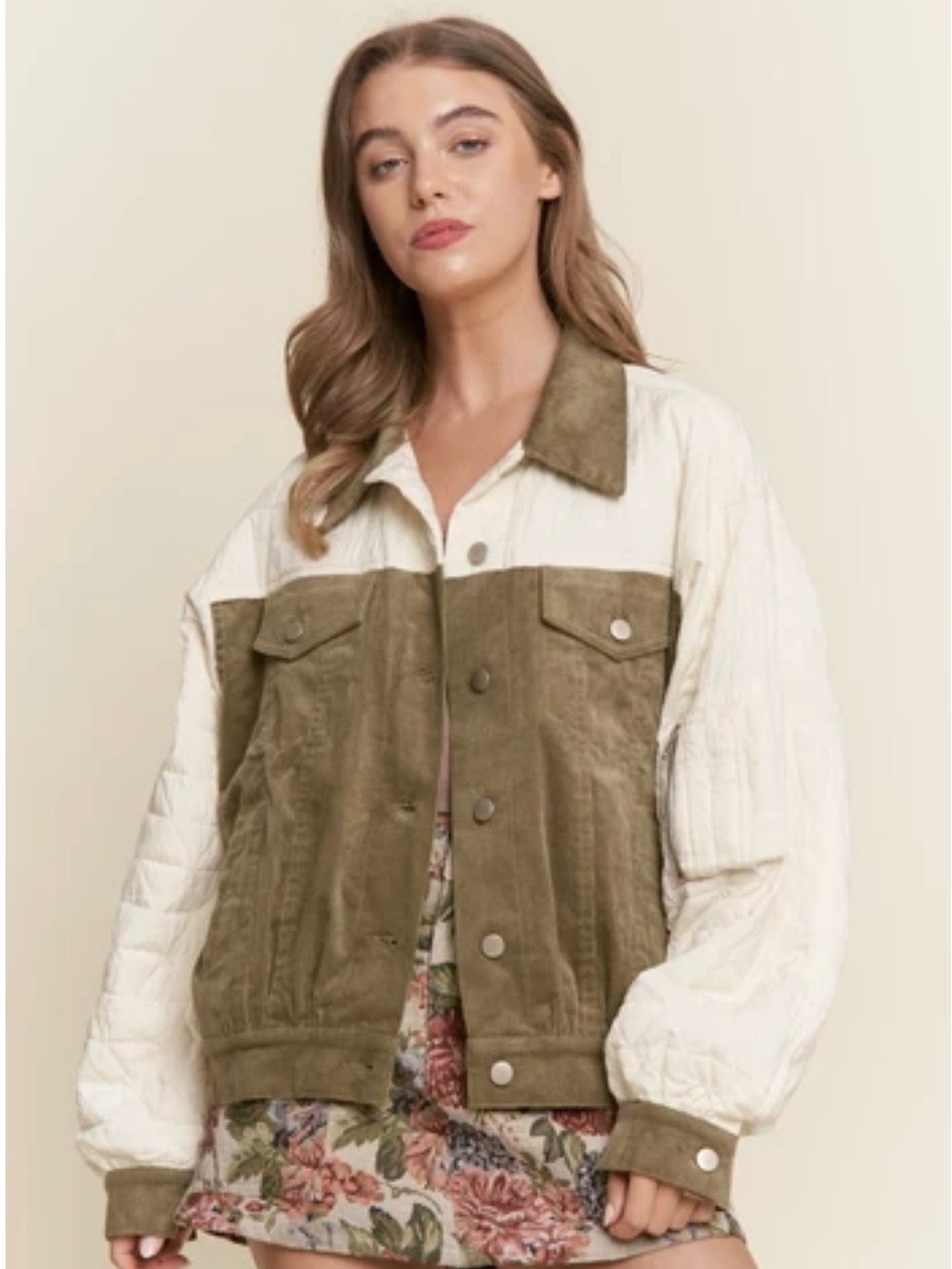 J.nna "Queen Kitty" Print Vintage Style Aviator Jacket in Olive Cream - Picture 2 of 14